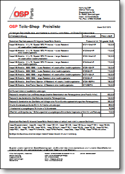 PDF Flyer: ‚Price list in OSP Parts Shop‘  available as download